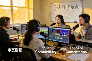 多语言解说团队工作场景 - 不同语种解说员同步工作